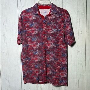 Tailorbyrd Geometric Summer Floral All Over Red Blue Golf Polo Shirt Size Large